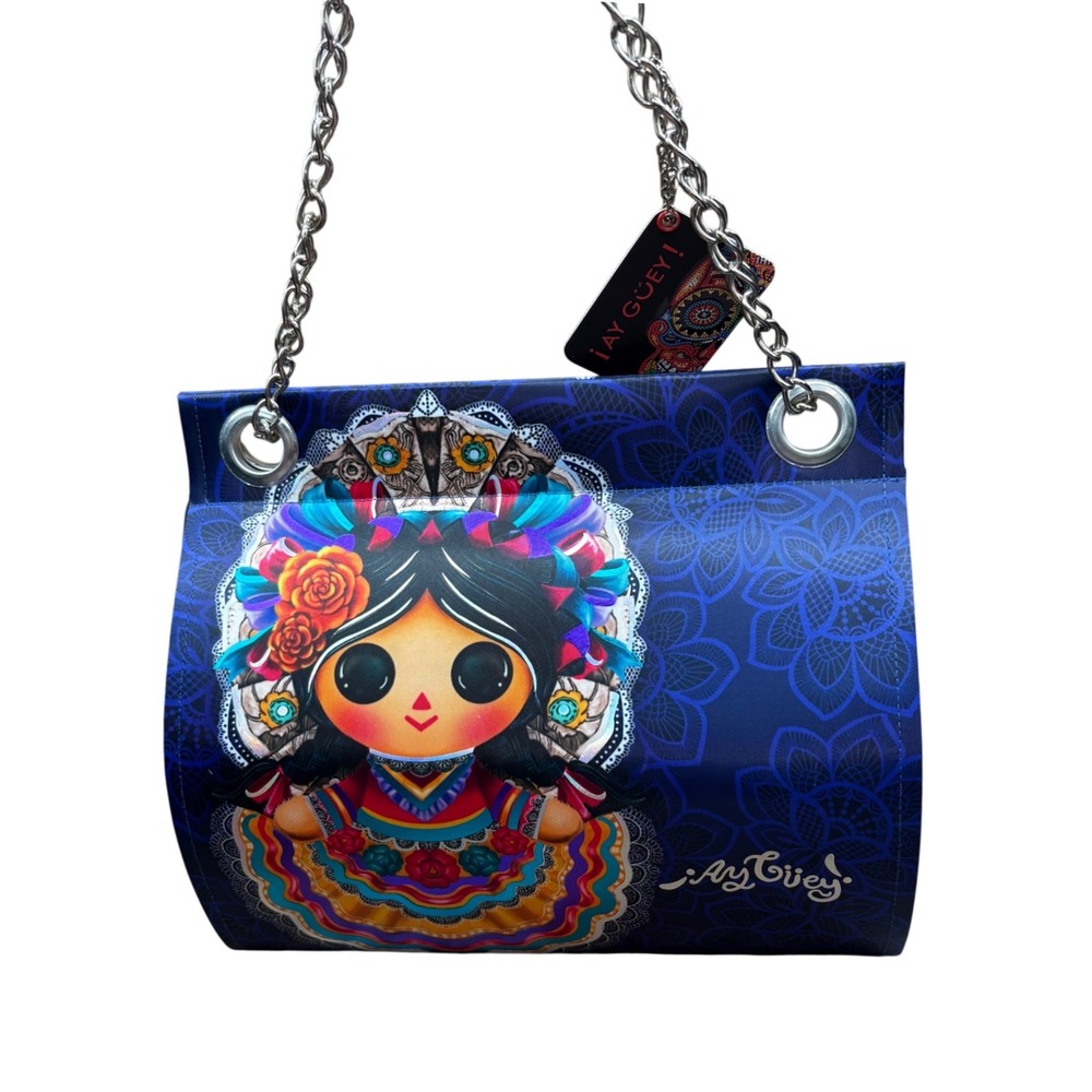 Ay Guey! Mexican Doll Lele Blue Satin Satchel Handbag Chain Strap New